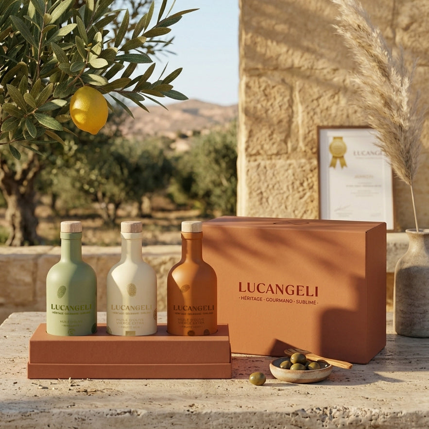 Coffret découverte cloche terracotta, trio d'huiles d'olive Lucangeli 200 ml