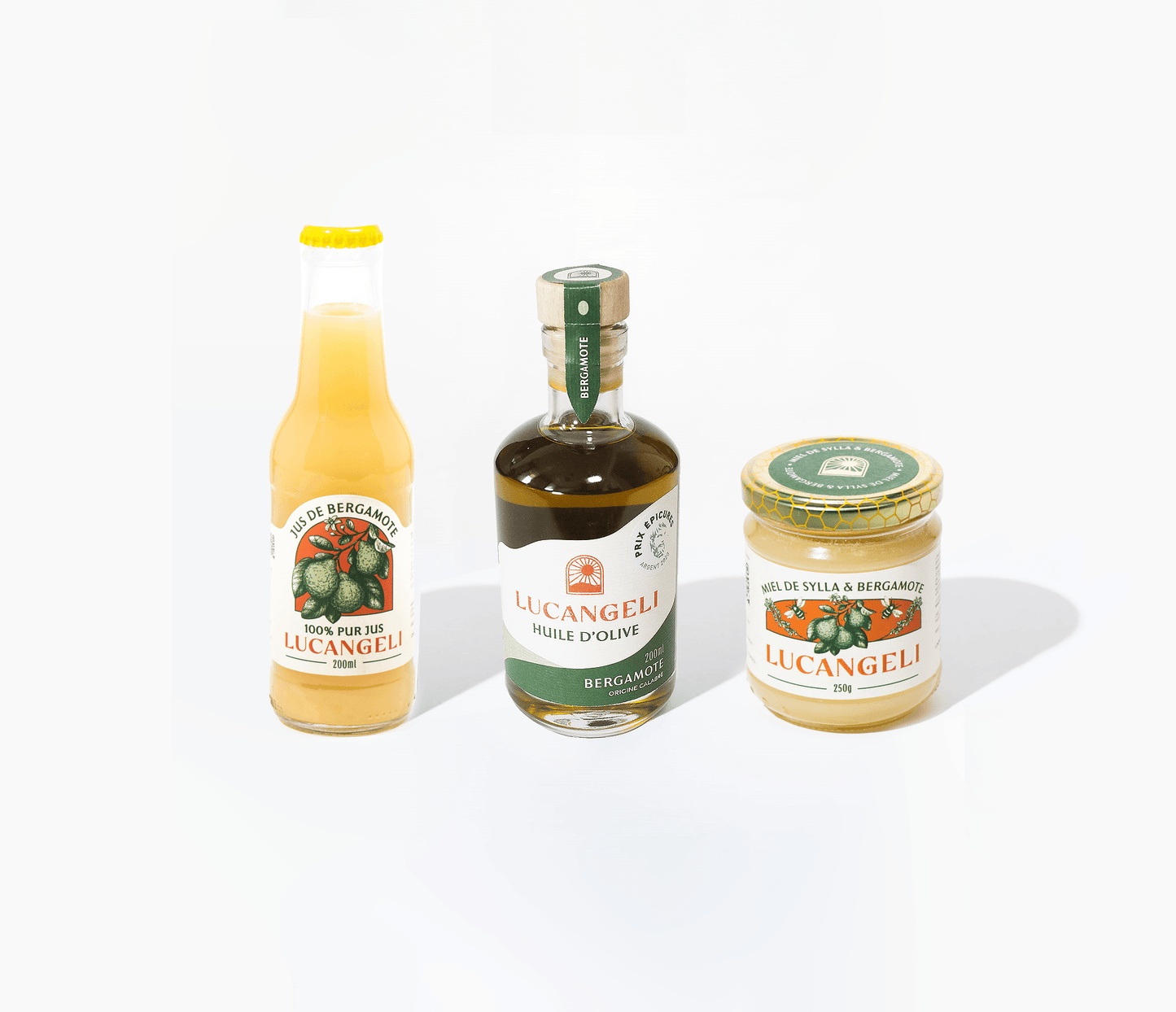 TRIO BERGAMOTE - JUS 100%, HUILE D'OLIVE ET MIEL À LA BERGAMOTE - lucangeli.co